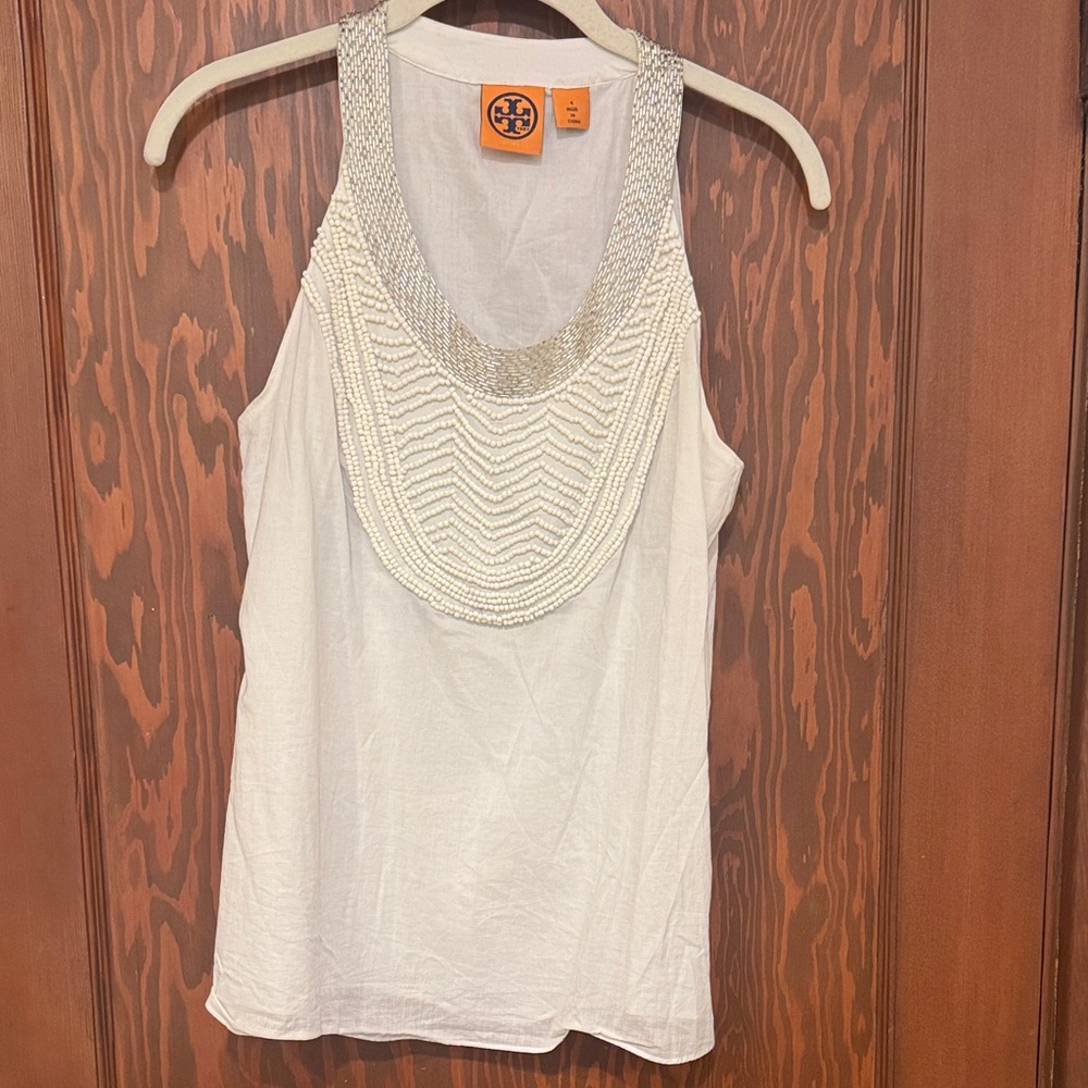 Tory Burch White Beaded Tank Top
